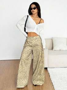 SHEIN EZwear Pantalones anchos y sueltos con estampado de leopardo, moda casual de mujer otoño 2025, para negocios y profesores - Dorado - Ver 4