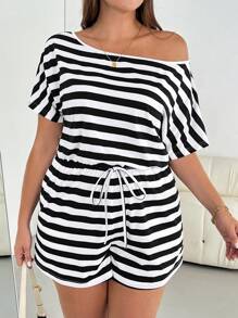 SHEIN Essnce Plus Size Women's Romper, Casual Striped Romper,Summer Women Dresses One Piece Outfit Jumpsuit,Shorts Women Rompers,Summer Shoulder Women's Clothing, Short-Sleeved Jumpsuits