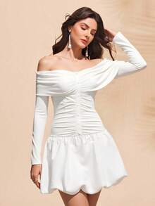 SHEIN Unity 女士简约优雅修身露肩泡泡袖连衣裙，白色短裙 - 白色 - 查看 1