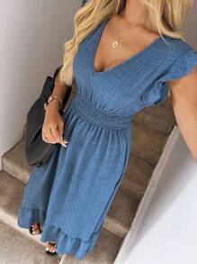 Easowa Shirred Cap Sleeve Drawstring Waist Ruffle Hem Flowy Dress, Casual Resort Wear For Women Boho - Blue - View 5