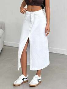 EURMUSE WHITE JEAN SKIRT MIDI LENGHT SLIT DETAIL - White - View 3