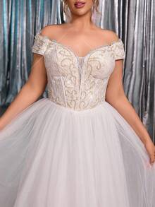 Glamrae Váy cưới chữ A bằng vải tuyn thêu hoa văn ren Pháp sang trọng, lãng mạn, màu trắng cỡ lớn, hở vai, trang trí hạt thủ công - trắng - Xem 8