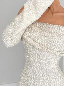 Siren Gaze Sexy Off Shoulder Flare Sleeve Bodycon Mini Dress Winter Luxury Chic Sequin Glitter Party Spring Shiny - Apricot - View 6