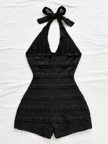 Soleia Women's Vacation White Knit Lace Texture Deep V Neck Tie Waist Jumpsuit, Slim Fit, Suitable For Party, Valentine's Day, Date, Layering, Beach Vacation, Boho Swimsuit Dress Black Vacation Dress Black Dress Summer Black Summer Romper Ruffle Romper Halter Neck Romper Black Vacation Romper Sexy Black Romper Sexy Summer Romper Black Halter Romper Ruffle Lace Romper Swimsuit Romper Summer Spring Valentine's Day Casual Vacation  Beach Wedding Birthday Going Out Elegant Casual Vacation - Black - View 2