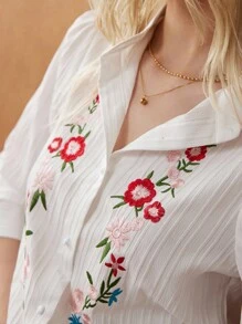 Écloséra Blusa casual de manga larga con un solo botonadura, bordado floral, estilo retro francés para mujer