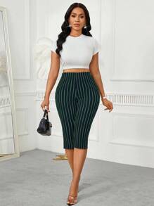 SHEIN Lady سروال ضيق عالي الخصر مخطط عصري للتنقل