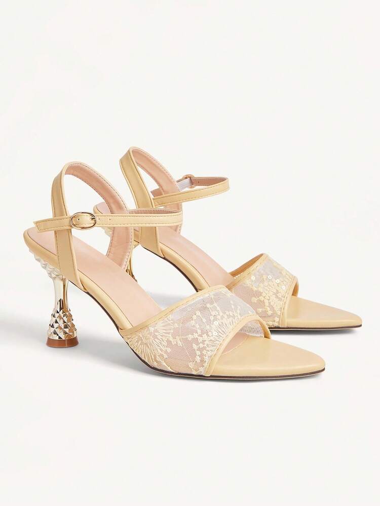 CUCCOO CHICEST Women's Elegant Lace Embroidered Pointed Toe Pineapple Heel High Heels, Romantic Vintage Court Style Sheer Mesh Formal Dress Sandals, Suitable For Wedding, Party, Date, Cocktail