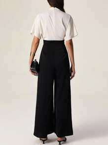 Modelyn Fashionable New Simple Color Block Women Batwing Sleeve Jumpsuit - Black - View 2