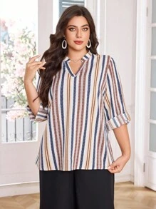 Lacomfia Plus Size Women's Casual Striped Print V-Neck Blouse, Fashionable And Elegant Casual Autumn And Winter Shirt, Perfect As A Gift For Mother