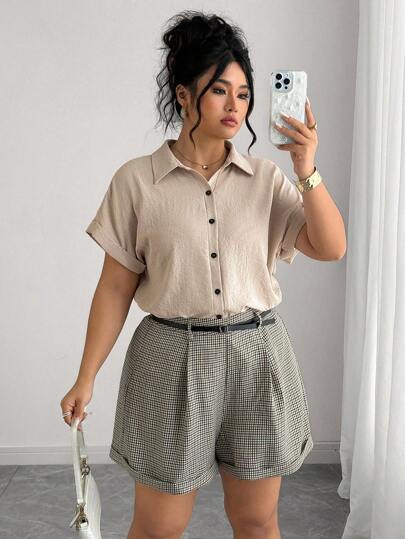 Elenzga 大码女式法式休闲夏季短袖短裤两件套