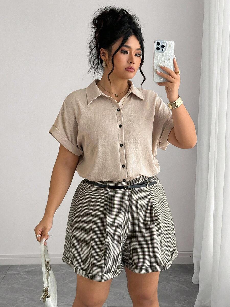 Elenzga 大码女式法式休闲夏季短袖短裤两件套