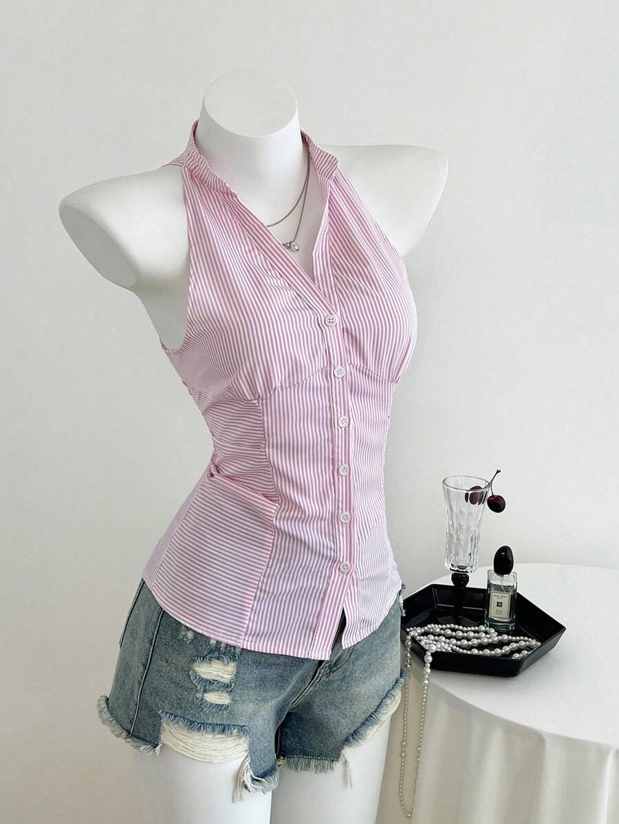 Elamini Áo sơ mi kẻ sọc dệt mỏng cổ đứng không tay đơn giản cho nữ - Hồng - Xem 1