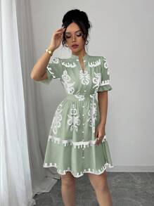 Elenzga Damen Lässig Kleid mit Blume Muster, V-Ausschnitt und Taillenbindung