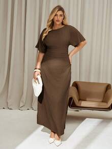 Auralis Plus-Size Summer Solid-Colored Linen Dress For Ladies, Short-Sleeved Long Dress, Summer Ladies' Dress Dresses For Women Summer Vacation Dress Casual Dresses For Woman,Modest Dresses For Women Spring - Brown - View 5