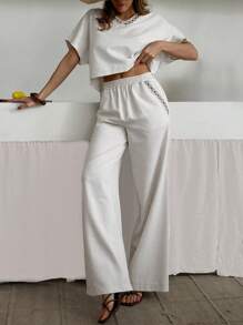 EURMUSE 女士民族风亚麻衬衫和裤子两件套