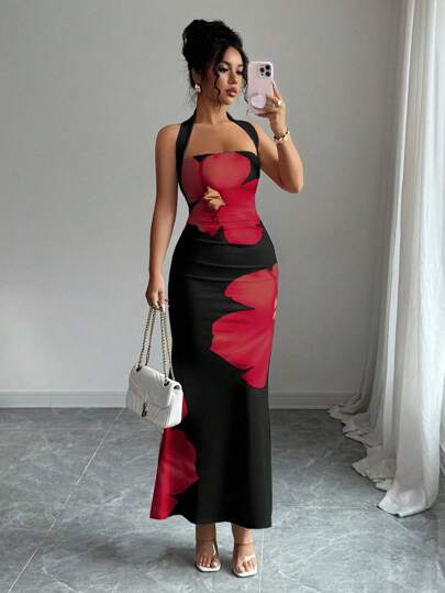 Elenzga Vestido de verano 2025 de mujer con cuello halter, cintura con lazo y ajuste delgado, estampado, de largo medio