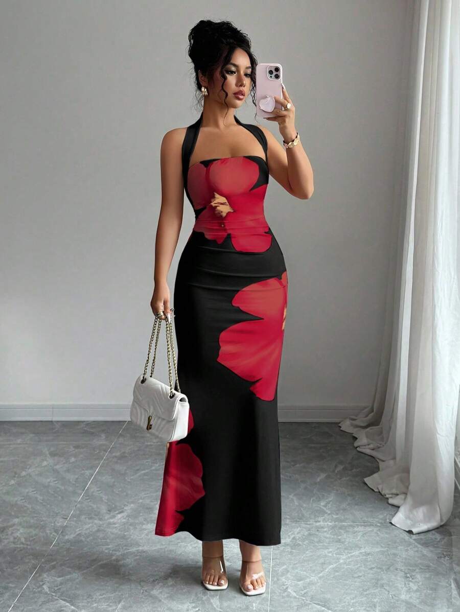 Elenzga 女式2025夏季露背系腰修身印花中长连衣裙 - 紅色和黑色 - 查看 1