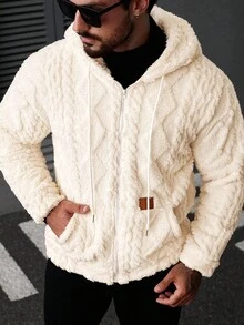 Manfinity CasualCool 男士长袖休闲纯色抓绒连帽外套，秋冬季百搭毛绒连帽羊羔绒外套 - 杏色 - 查看 6