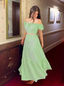 Elenzga New Women's Off Shoulder Puff Sleeve Bowknot Waist A-Line Skirt Set, Vacation Casual Fashion Young Daily Versatile Flattering Elegant - Green - View 6