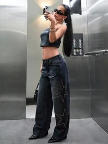 SHEIN Cottnline Low Waist Diamond Detailed Straight Jean - Black - View 3