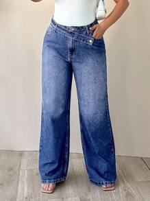 EURMUSE 100% Cotton Plus High Waist Asymmetric Belt Wide Leg Jean - Dark Wash - View 6