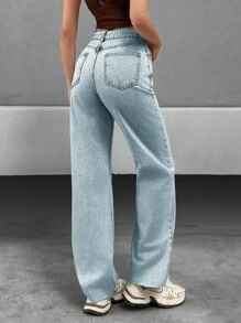 SHEIN Cottnline High Waist Straight Leg Woman Denim Jean Women's Outfits Work Outfits For Women Women's Women's Set Women's Clothes Women Summer Clothing Women's Bottoms Women's Summer Clothes - Light Wash - View 2