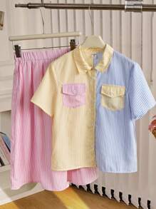 Conjunto de 2 peças para meninas adolescentes, cardigã listrado com lapela e saia gráfica moderna, adequado para o deslocamento diário - Multicolorido - Ver 7