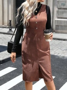 SHEIN LUNE Women's Solid Color Corduroy V-Neck Sleeveless Dress - Brown - View 5