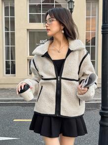 SHEIN 少女杏色仿毛领宽松休闲通勤外套，适合秋冬季日常通勤 - 杏色 - 查看 5