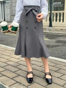 青少年女孩灰色美人鱼下摆荷叶边修身高腰双排扣半身裙，适合日常通勤 - 灰色 - 查看 1