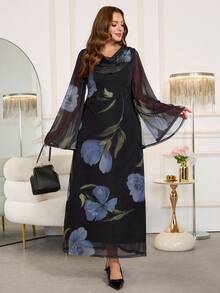 Gownix Plus Size Elegant Floral Print Fitted Black,Autumn,Elegant,Formal,Evening,Formal Maxi Dress,Long Sleeve Fall Winter Clothes For Women,Party - Multicolor - View 6