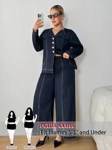 SHEIN PETITE CURVE 加大码女式休闲拼色外缝衬衫和裤子套装，秋季两件套小码裤装女式两件套裤子套装小码曲线两件套曲线小码服装套装加大码小码两件套 - 藏蓝色 - 查看 1
