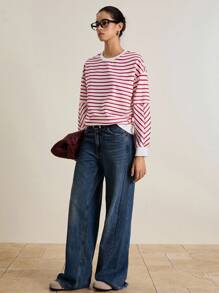 Airaco Casual Versatile Striped Contrast Color Sweatshirt, Autumn/Winter Pullover Fall - Red and White - View 6