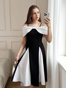 少女撞色褶饰优雅露肩夏装 - 彩色 - 查看 3