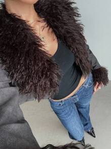 Aloruh Damen Jacke für Herbst/Winter, modischer vintage-bohemian Kunstpelzkragen Patchwork gewaschenePU-Lederjacke