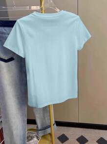 INAWLY 重工镶嵌闪亮白色仿珍珠，烫珠，仿珍珠小花，时尚有气质，现在流行，时尚T恤，时尚T恤，送给兄弟姐妹的礼物，送给姐妹的礼物，送给妈妈的礼物，母亲节礼物，休闲简约时尚上衣，花卉浅蓝色女士T恤