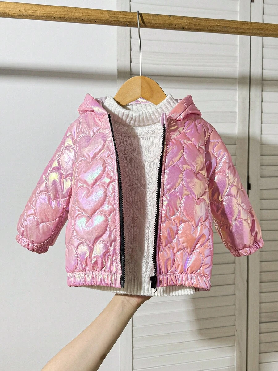 SHEIN Baby Girl Fashionable & Versatile Heart Hooded Jacket, Winter Fall - Pink - View 1