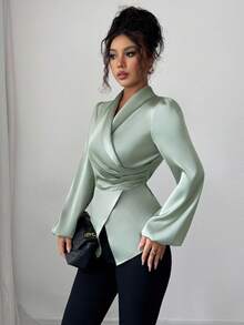 Elenzga 女式秋季编织不对称荷叶边收腰灯笼袖优雅休闲衬衫 - 綠色 - 查看 6