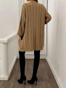 SHEIN Tall Tall Women Casual Autumn Winter Cable Knit Solid Cardigan,Long Cardigans Woman,Petite Cardigans,Cardigans - Brown - View 2