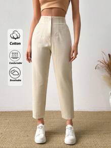 EURMUSE 90% Cotton Women Linen Pleated Pants - Beige - View 1