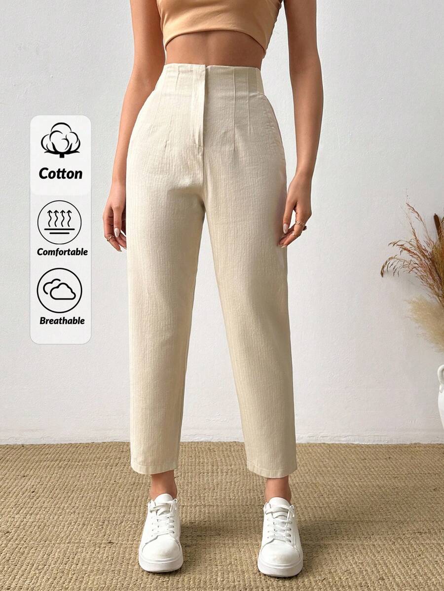 EURMUSE 90% Cotton Women Linen Pleated Pants - Beige - View 1