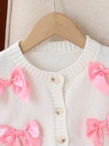 SHEIN Young Girl Fashionable Bow Knit Cardigan , Long Sleeve Open Front Cardigan With Bows Winter Fall - White - View 6