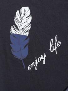 SHEIN Cottnline Cotton Men Letter Printed Regular T-Shirt Homewear Set - Navy Blue - View 5