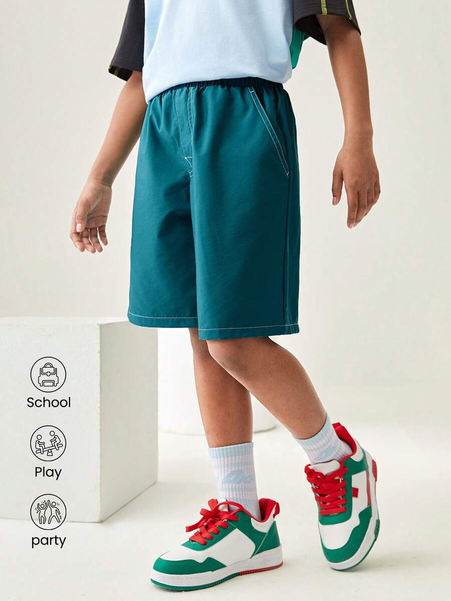 Tween Boy Outdoor Casual Sports Shorts, Kids Elastic Waist Outdoor Casual Sports Shorts - Green - View 1