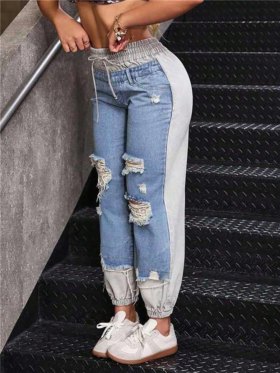 SHEIN EZwear Plus Size Casual Distressed Color Block Patchwork Ripped Denim Jeans - Blue - View 1
