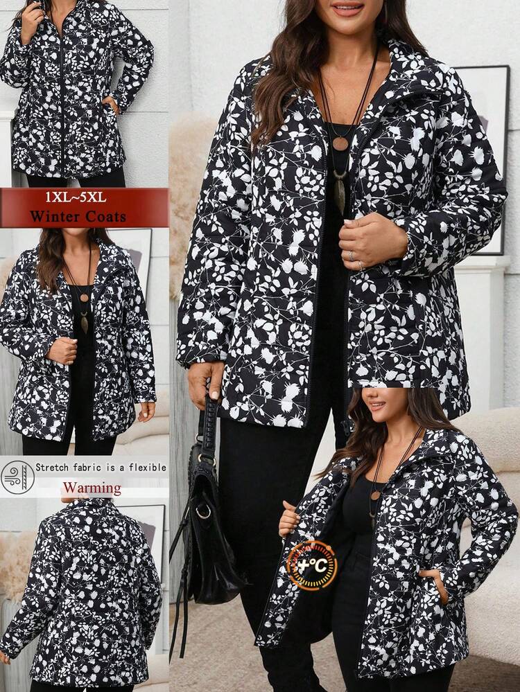 Plus Size Women's Comfortable Casual Black And White Floral Print Warm Cotton Jacket With Pockets, Winter Fashion Fall Clothes For Women Winter Clothes Autumn