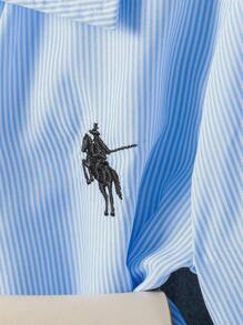 Elladie kids 1 件女童翻领长袖纽扣条纹衬衫，正面绣有图案，秋季休闲上衣