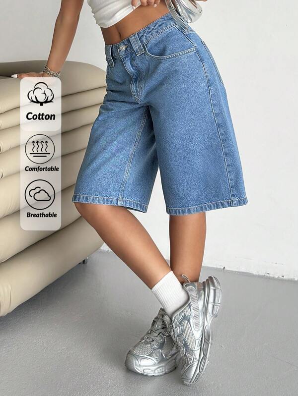 SHEIN FEMME TAILLE BASSE PANTALON DROIT LONG TAILLE COURTE LAVAGE BLEU MOYEN