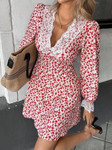 Pariaura French Romantic Vintage Daily Floral Patchwork V-Neck Red Ditsy Floral Long Sleeve Mid-Length Dress All White Autumn Dress Pop Of Red Clothes For University Fall Cloth For Women - Red - View 5
