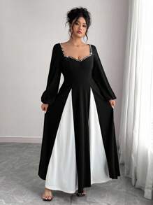 Elenzga Robe de fête en tricot de grande taille avec patchwork au col en forme de cœur perlé et ourlet, pour l'automne/hiver - Noir et Blanc - Voir 3